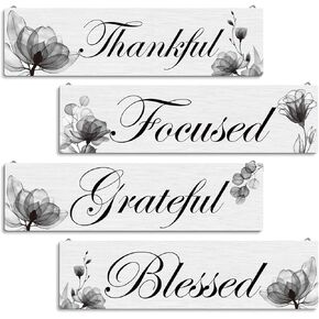 Home Wall Decor Sets, 4 Pieces Hanging Wall Plaques, Farmhouse Wooden Plaque Printed with Bless Gather Thankful Grateful, Christian Decor, Office Decor, Cubicle Decor, Decorative Wooden Wall Signs