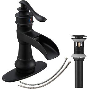 Bathroom Vessel Sink Faucet Oil Rubbed Bronze Black Farmhouse Waterfall Single Hole Tall with Pop Up Drain Assembly Without Overflow One Hole Mixer Tap Deck Mount Commercial