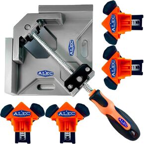 90° Corner Clamps for Woodworking - Adjustable Aluminum Alloy Wood Clamps for Framing, Welding, Cabinetry, Furniture Making - Non-Slip Rubberized Handle - Includes 4 Plastic Corner Clips