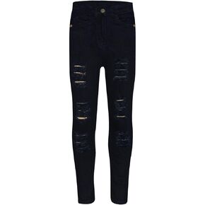 Girls Denim Ripped Jeans Comfort Skinny Stretch Jeans - Girls Jeans JN28 Jet Black 13-14