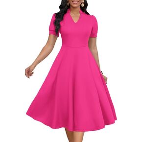 Womens Short Puff Sleeve V Neck Casual Semi-Formal Cocktail Party A-Line Dress