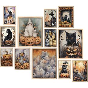 Eersida 12 Pcs Vintage Halloween Wall Art Unframed Cute Witch Cat Pumpkin Halloween Poster Dark Academia Gothic Wall Decor Creepy Aesthetic Halloween Pictures Print for Bedroom Gallery Wall Home Decor