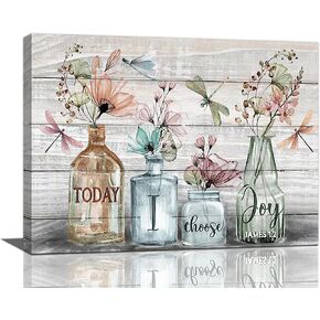 Rustic Farmhouse Bathroom Canvas Wall Art Flower Bathroom Pictures Wall Decor Dragonfly Canvas Painting Prints Today I Choose Joy Artwork Modern Home Decoration Framed for Living room Bedroom Bathroom