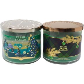 Bath & Body Works Fresh Balsam 3-Wick Candle Christmas 2023 2-pc Bundle – Limited Edition (Winter Village & Tree Branches Pattern), Green