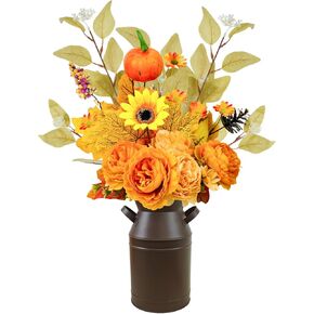 TORONTOKYO Artificial Fall Flowers with Metal Pot, Faux Silk Flower Arrangements Fall Table Centerpieces with Peonies Pumpkin Fall Decorations for Autumn Harvest Farmhouse Home Indoor Office Decor