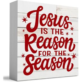 WRSUNT Jesus is the Reason for the Season Wood Box Sign, Farmhouse Christmas Santa Artwork Decor Decoration 5 x 5 Inches
