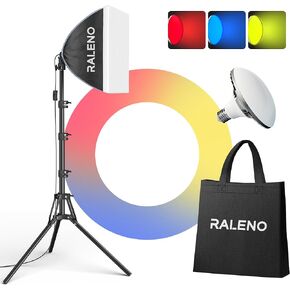 RALENO® Softbox Lighting Kit, 16''x16'' Softbox, LED Video Lighting Kit with Various Light Colors（50W | 5500K | 92CRI | LED | Color Masks | Storage Bag&Belt | 3m Cable Model: PS075D