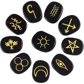 Rockcloud Healing Crystal Amethyst Gypsy Symbol Witches Rune Set Chakra Stones Palm Stone Reiki Balancing, 13 Pcs