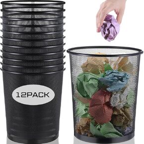 Hushee 12 Pcs Small Metal Trash Can Waste Paper Basket Trash Bin Office Garbage Can Wire Metal Waste Basket for Under Desk, Kitchen, Bedroom, Den, Dorm Room, Toilet (Black)