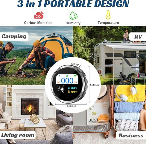 Portable Carbon Monoxide Detectors 7 Day Standby Time, CO Detector with Temperature Humidity Sensor Built-in, CO Alarm，Backlit LCD Screen, Audible & Visual Alarm for Home, Car, Camping (Grey) in Saudi Arabia