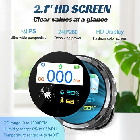Portable Carbon Monoxide Detectors 7 Day Standby Time, CO Detector with Temperature Humidity Sensor Built-in, CO Alarm，Backlit LCD Screen, Audible & Visual Alarm for Home, Car, Camping (Grey) in Saudi Arabia