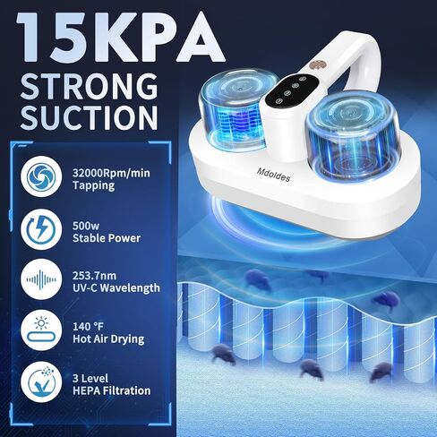 MDOLDES，Bed Vacuum Cleaner,high Efficiency UV-C and high Heating Technology, 15Kpa Suction 500W Powerful Two-Cup Handheld Vacuum Cleaner (Wired, White) in Saudi Arabia