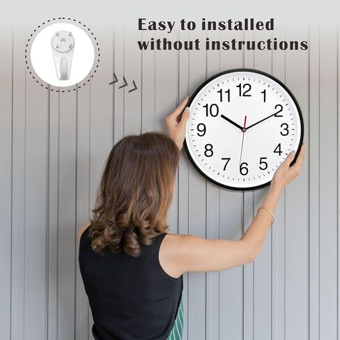 Plumeet Silent Wall Clock - 12" Non Ticking Quartz Black Wall Clocks - Simple Design Wall Clocks for Living Room Decor, Battery Operated, White in Kuwait