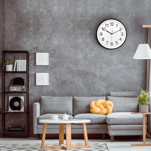 Plumeet Silent Wall Clock - 12" Non Ticking Quartz Black Wall Clocks - Simple Design Wall Clocks for Living Room Decor, Battery Operated, White in Kuwait