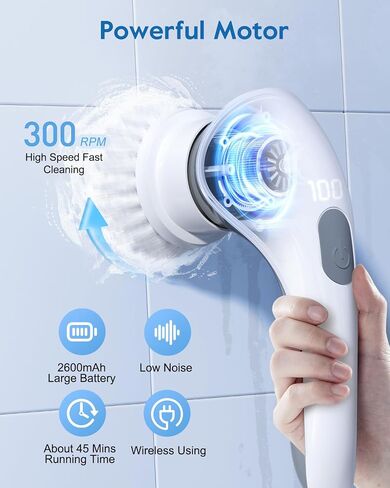 GiveBest Electric Spin Scrubber Brush - Cordless Shower Scrubber with Long Handle for Cleaning Bathroom, Bathtub Power Scrubber with 7 Replacement Head & Dual Speed for Floor, Tub, Tile, Kitchen, Car in Saudi Arabia