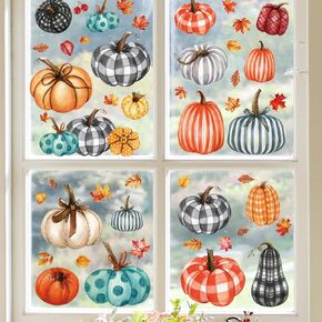 Fall Thanksgiving Decorations Indoor: 9 Sheets Large Farmhouse Pumpkin Fall Leaves Window Clings, Watercolor Rustic Boho Window Decor for Kids Home School Office Party, Double-Sided Printed