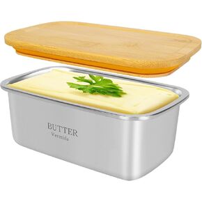Butter Dish with Lid, Large Stainless Steel Butter Dish Container for Countertop, Sturdy Butter Keeper with Bamboo Lid Holds 2 Sticks of West or East Coast Butter for Refrigerator