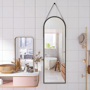 Oval Not Fragile Tempered Mirror,16''x 48'' Long Oval Hanging Mirror for Walll/Leather Strap Full Length Wall Black Aluminum Alloy Frame Wall-Mounted Mirror for Bathroom,Women Dressing Mirror