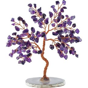 Karma and Luck Oasis, Real Amethyst Crystal Feng Shui Tree of Life Home Decor, Wrapped in Copper Wire on Agate Base, Handmade in Bali, Small 6"