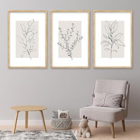 Neutral Botanical Prints Wall Art Decor Set Of 3 Minimalist Plant Abstract Line Sign For Office 16x11 Inch Living Room Home Office Wood Framed Boho Family Paintings Wall Hanging (Wood)
