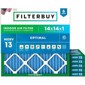 Filterbuy 14x14x1 Air Filter MERV 13 Optimal Defense (6-Pack), Pleated HVAC AC Furnace Air Filters Replacement (Actual Size: 13.75 x 13.75 x 0.75 Inches)