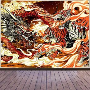 Aidatain Japanese Dragon Tiger Fighting Wall Tapestry Fantasy Mythology Animal Theme Art Wall Hanging Tapestry Flannel Fabric 80"x60" for Living Room Bedroom Dorm GTZYAT221
