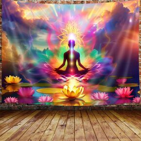 MERCHR Chakra Spiritual Tapestry, Yoga Room Pink Lotus Zen Hippie Tapestry Wall Hanging for Bedroom, Colorful Mandala Tapestries Poster Dorm Meditation Accessories Home Decor 80X60Inches