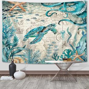 Dongbei Sea Turtle Octopus Wall Tapestry for Bedroom Blue Teal Ocean Beach Room Decor Wall Hanging Backdrop Seaworld Jellyfish Sea Horse Seashell Coastal Nautical Poster for Room Home Decor 60X40