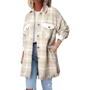 SHEWIN Womens Casual Plaid Shacket Long Sleeve Button Down Oversized Shirt Jacket Coat