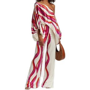 Womens Summer Loose Fit 2 Piece Outfits Off Shoulder Bishop Long Sleeve Floral Printed Casual Wide Leg Pants Set