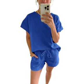 Paintcolors Women's 2 Piece Outfits Short Sleeve Crewneck Tracksuit Casual Cozy Stretchy Shorts Lounge Set Pajamas Sweatsuit