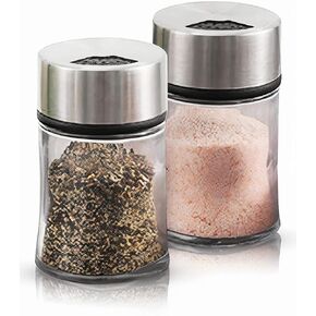 Premium Salt and Pepper Shakers with Adjustable Pour Holes - Set of 2 - Elegant Stainless Steel and Glass - Perfect Spice Dispenser Set for Your Delicious Meals