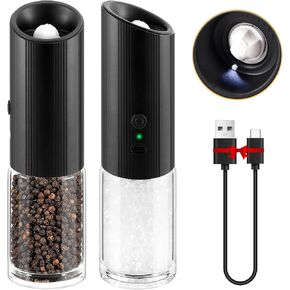 VEVOK CHEF Electric Salt and Pepper Grinder Set Rechargeable with LED Light USB Automatic Gravity Stainless Steel Pepper Mill Spice Grinder Adjustable Coarseness