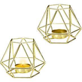 2Pcs Gold Geometric Tealight Votive Candle Holder, Metal Hollow Tea Light Candle Holders, Candle Stand for Wedding Christmas Table Centerpiece Vintage Decor, Small