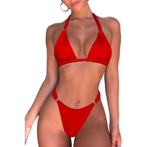 Women's Thong Bikini Sets Halter Gold Ring Ruched Triangle Bikini Swimwear Sexy Cheeky Thong Bathing Suit