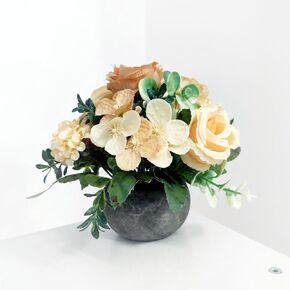 Artificial Flowers Mini Potted Plants, Antique Champagne Rose Peony Hydrangea Greenery + Paper Pulp Round Vase, Small Fake Plant Potted Decor for Offices, Bookshelf, Bedroom, Living Room, Party