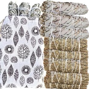SAGE Smudge Sticks 10 Total: 5 White & 5 Blue Sage Bundles Bulk Refill & Shaman Smudge Kit Storage Bag! Smudging Sticks, Organic Freshly Dried! (10, White & Blue Sage 10 Pack, XL Shaman Bag Set)