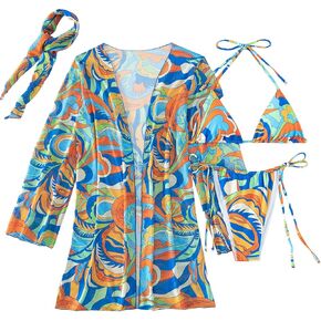 WDIRARA Women's 4 Piece Swimsuits Allover Print Halter Triangle Bikini Bathing Suit with Kimono and Scarf