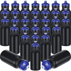 48 قطعة من زجاجات المياه الرياضية القابلة للضغط، 20 أونصة، زجاجة رياضية قابلة لإعادة الاستخدام، خالية من زجاجات المياه البلاستيكية BPA مع فوهة دفع/سحب سهلة الفتح مانعة للتسرب للدراجة، فارغة DIY، أسود (غطاء أزرق) in Kuwait