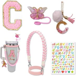 Cup Accessories Set for Stanley Cup 30oz 40oz, Water Bottle Cup Handle Strap Letter Charms Sticker & Butterfly Straw Cover Topper (Purple C)