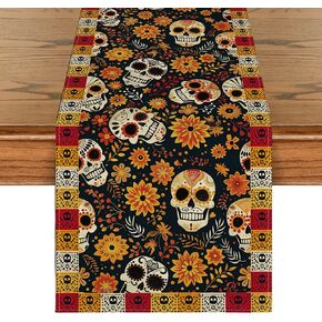 Artoid Mode Sugar Skull Yellow Daisy Day of The Dead Table Runner, Dia De Los Muertos Mexican Kitchen Dining Table Decoration for Home Party Decor 13x72 Inch