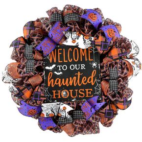 Halloween Door Wreaths - Orange Welcome to our Haunted House Welcome Mesh Decor - Black Purple White