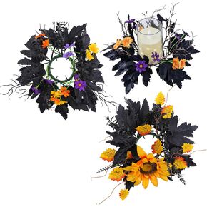 Halloween Candle Rings Wreath Fall Candle Wreaths Rings Artificial Leaves Wreaths for Halloween Party Decorations 2 Pack Rose Skull Black Wreaths for Home Art Decor