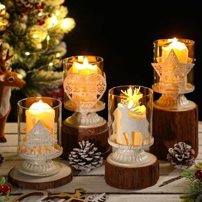 مجموعة Havawish مكونة من 4 حامل شموع على شكل عمود عيد الميلاد، ديكورات طاولة مزرعة ريفية، تصميم معدني أبيض عتيق، حامل شموع زجاجية لعيد الميلاد، حامل شموع على شكل إعصار، قطع مركزية لطاولات الحفلات, 4.72 x 2.95'' in Kuwait