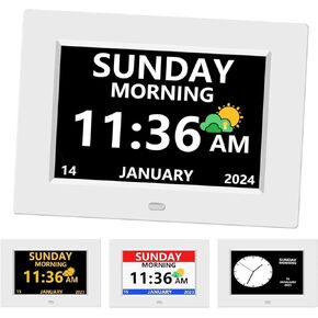 7 Inch Digital Clock with Day and Date for Elderly Alzheimer's Dementia Clock Customizable Alarms and Medicine Reminders 3 Display Modes Large Font Digital Alarm Clock for Seniors Black