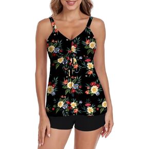 Tankini Swimsuits for Women Tummy Control Swimsuit Modest Tankini Top with Boyshort Bathing Suit Swimsuit
