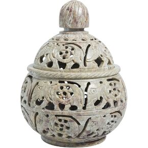 Handmade Natural Soapstone Tea Light Candle Holder for Home Living Room Office Decorative Lantern Tealight Candle Holder with Lid Hand Craft Engraved Elephant Home Decor Gift Size 4x4 Inch