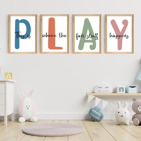 Set of 4 Framed Kids Playroom Wall Art Prints Decor for Children Playroom,12x16"Toddler Kids Playroom Canvas Wall Art Prints Framed Toddler Nursery Children Artwork for Kids Bedroom Decoration