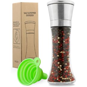 Salt and Pepper Grinder Set - Adjustable Coarseness, Refillable Stainless Steel Pepper Mill Grinders - Elegant Glass Design - Compact and Stylish - Perfect Kitchen Companion (2 Pack)