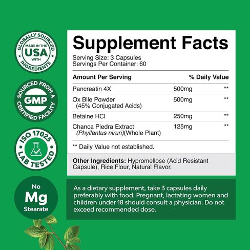 Ox Bile Salts for Gallbladder Support - Purified Bile Salts Supplement with Pancreatin Digestive Enzymes Ox Bile & Betaine HCL - Ox Bile Supplements for No Gallbladder & Digestive Health - 20 Days in Saudi Arabia